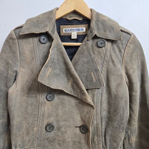 Express Womens Vtg Y2K Moto Brown Genuine Leather Suede Double Breasted Jacket 2 - Picture 2 of 12